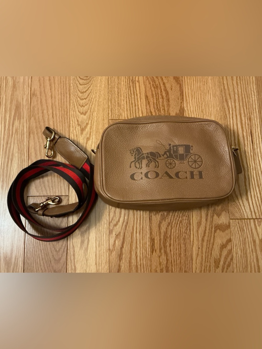 Coach Tan Pebbled Leather Crossbody with Red and Black Webbed Strap